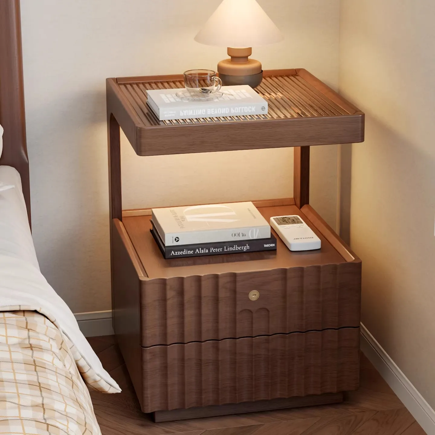 

Simple And Modern Bedroom Smart Three-color LED Lightweight Solid Wood Bedside Table With Lock Storage Cabinet