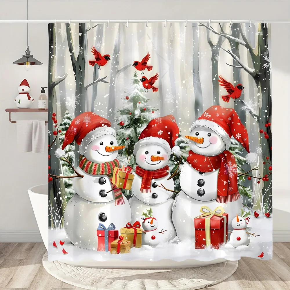 Snowman Christmas Shower Curtain Christmas Tree Gifts Red Bird Winter Snow Fabric Printed Bath Curtain Bathroom Decor With Hooks