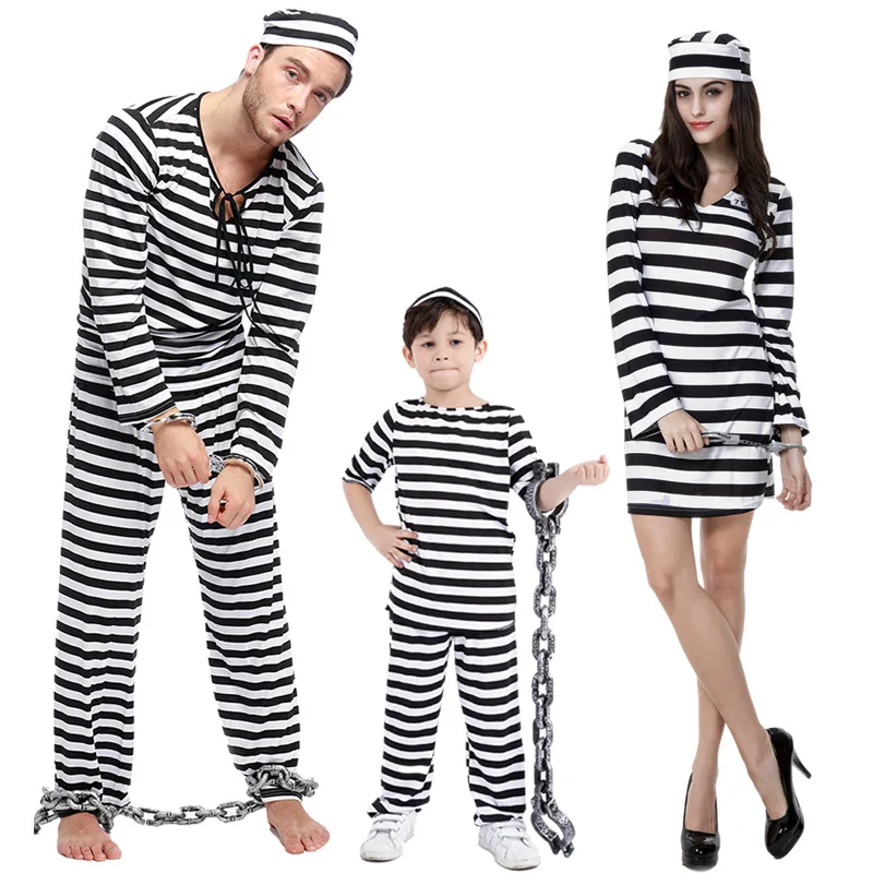 Prisoner Cosplay Costumes Man Women Prison Criminal Suits Jail Adult Black And White Striped Couple Clothes With Hats Halloween