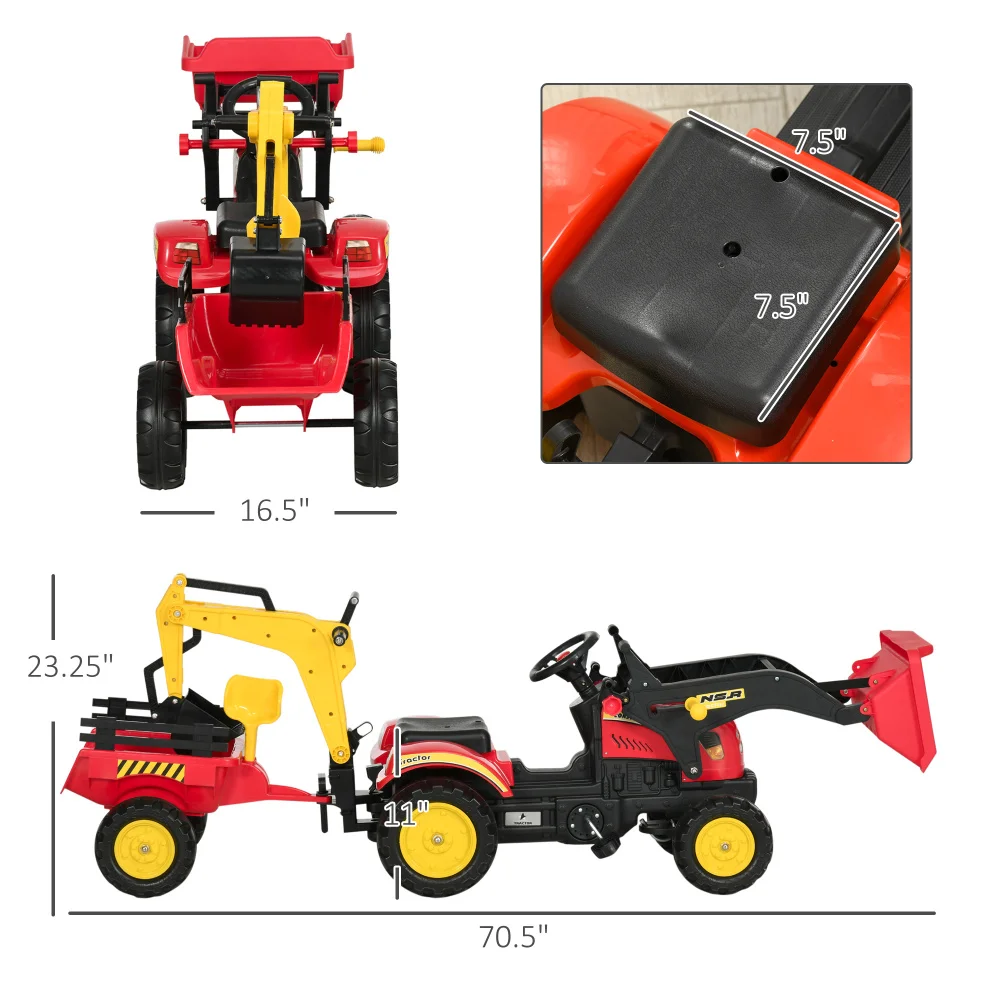 Koparka/bulldozer 3 w 1 dla dzieci, koparka samochodowa z pedałem, zabawka do przodu/z tyłu z 6 kołami i odłączaną przyczepą ładunkową