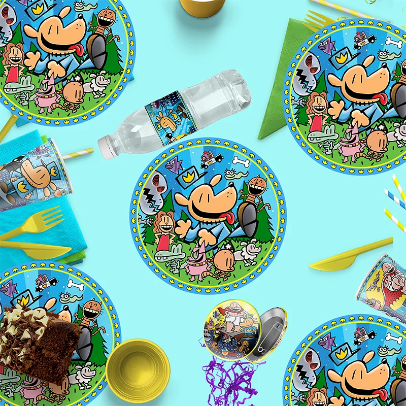 

Dog Man Eco-Friendly Disposable Party Tableware Kit Paper Plates Cups Cake Flag Sqiral Honeycomb Brooch Kids Birthday Party Kit