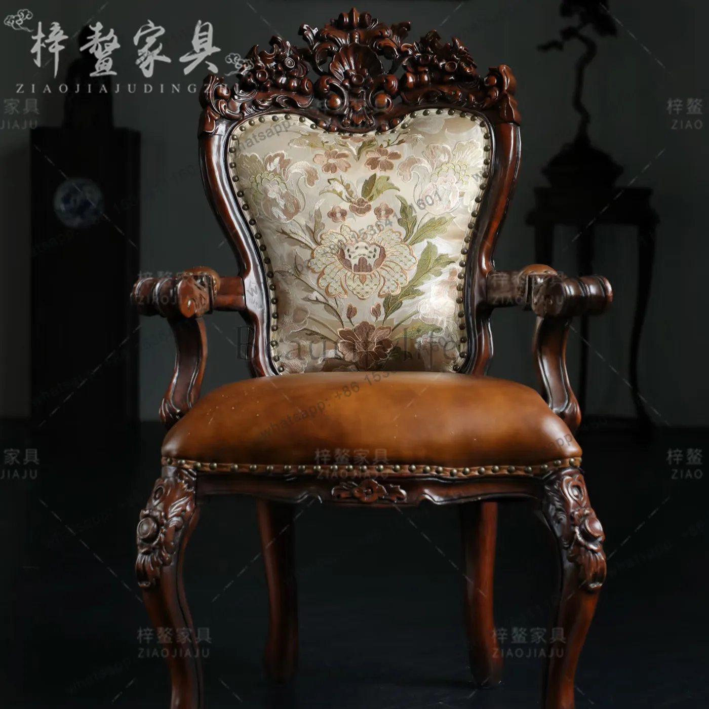 French classical solid wood carved sofa chair small household upholstered seat lounge chair