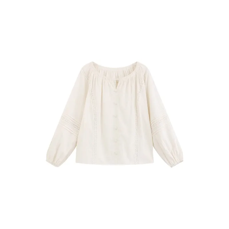 Women Spring V-Neck Hollow Out Blouse Lantern Sleeves Loose Fit Striped Patchwork Design Sweet Casual Slimming Top Daily Wear