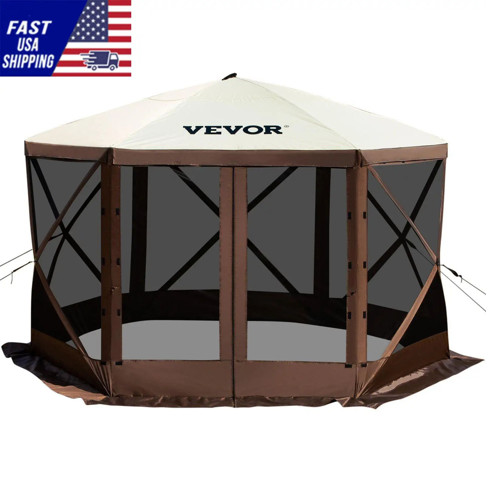 Camping Gazebo Screen Tent; 12*12ft; 6 Sided Pop-up Canopy Shelter Tent with Mesh Windows; Portable Carry Bag; Stakes