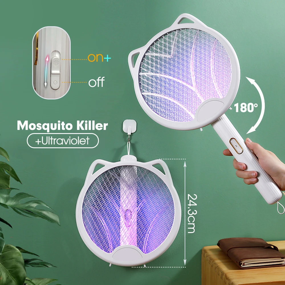 Electric Fly Swatter Racket Bug Zapper 3000V Mosquito Killer Indoor Outdoor Light Trap Foldable Rechargeable Handheld Portable