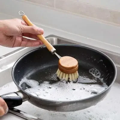 10pcs Natural Wooden Long Handle Pan Pot Brush Dish Bowl Washing Cleaning Brush Household Kitchen Cleaning Tools