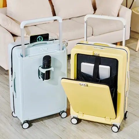 전면 개방 와이드 트롤리 여행 가방, 여성 20 인치 여행 캐빈 수하물 사일런트 스피너 잠금 박스, 다기능 USB 충전 포트