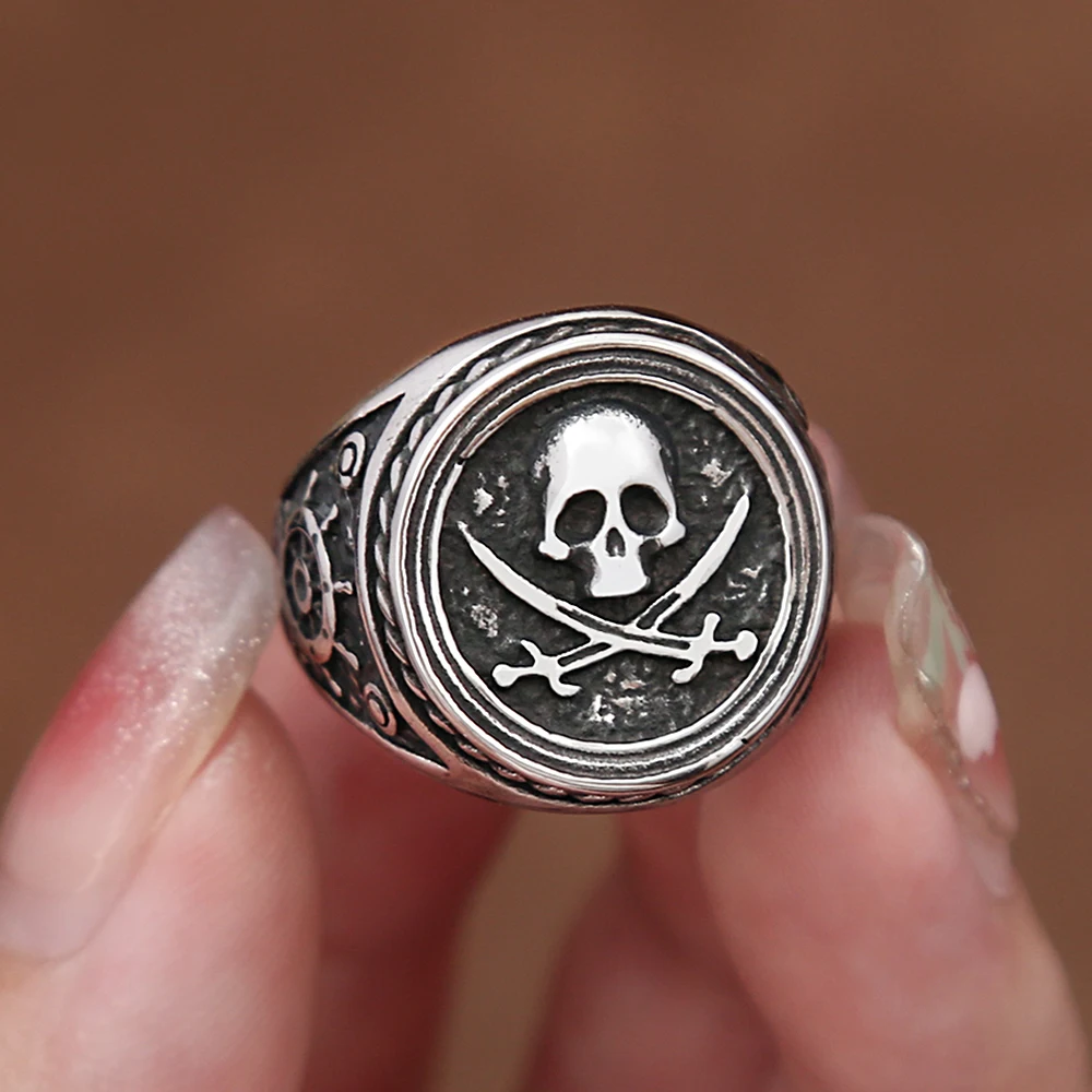 Punk Vintage Double Knife Pirate Skull Ring for Men Gothic Stainless Steel Compass Rings Biker Amulet Jewelry Gift Wholesale