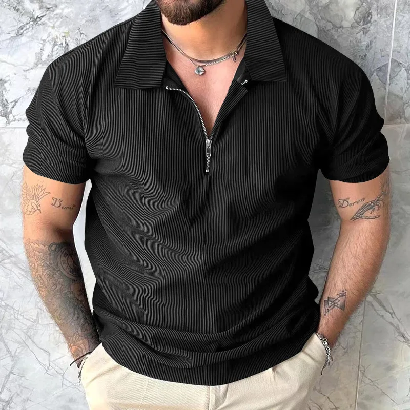 Sommer Neue männer reine farbe lässig cord Zipper drehen-unten kragen Polo-Shirt männer lose atmungsaktivität kurzarm T-shirt