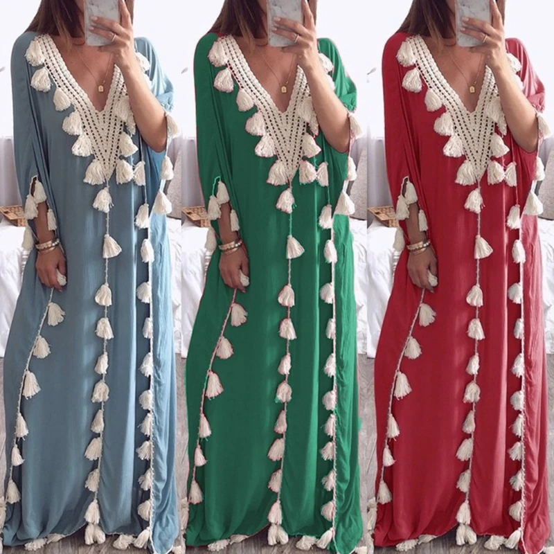 Womens árabe islâmico dubai kaftan meia manga sexy profundo com decote em v muçulmano maxi vestido longo robe borlas guarnição turquia casual solto acima