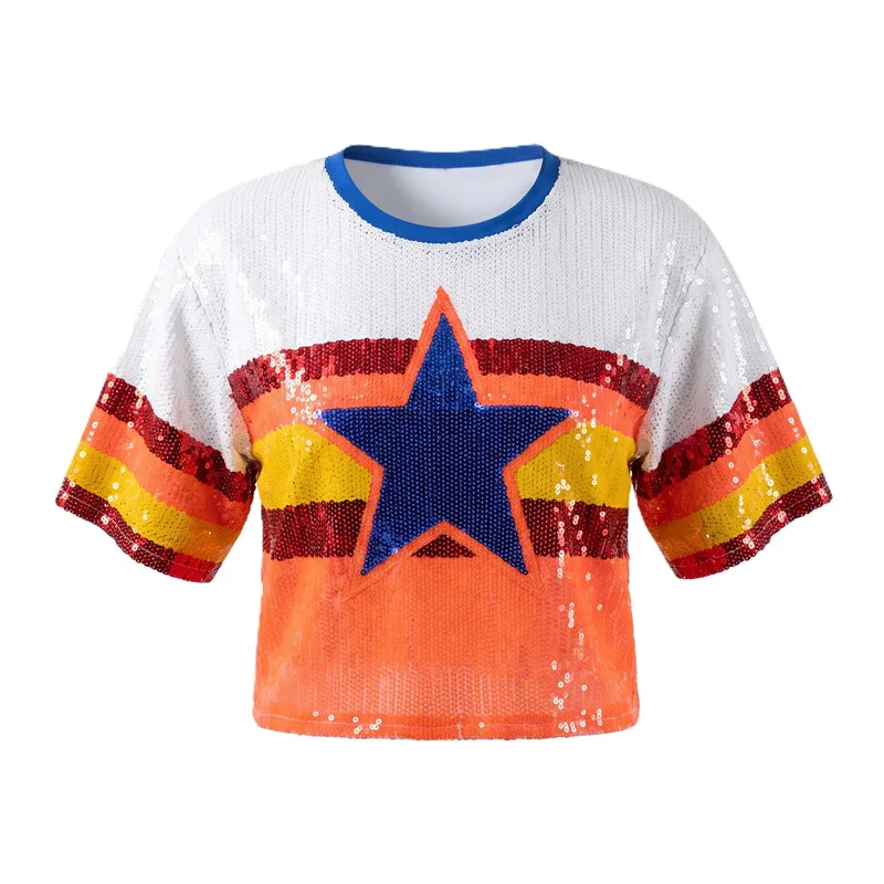 Summer New Simple Round Neck Women Short Sleeved T-shirt Fashion Sequin Lady Loose Casual Tops