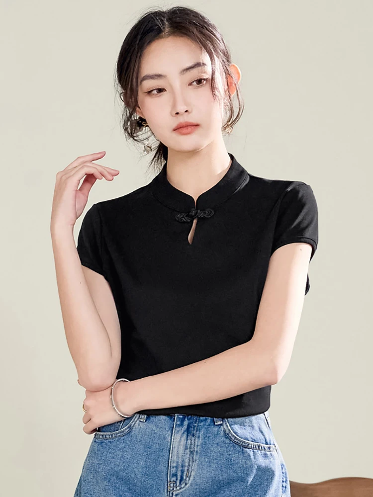 Women T-shirts Short Sleeve Tops Chinese Style White Black T Shirt Cotton Solid Summer Women's Clothing Top Tshirts