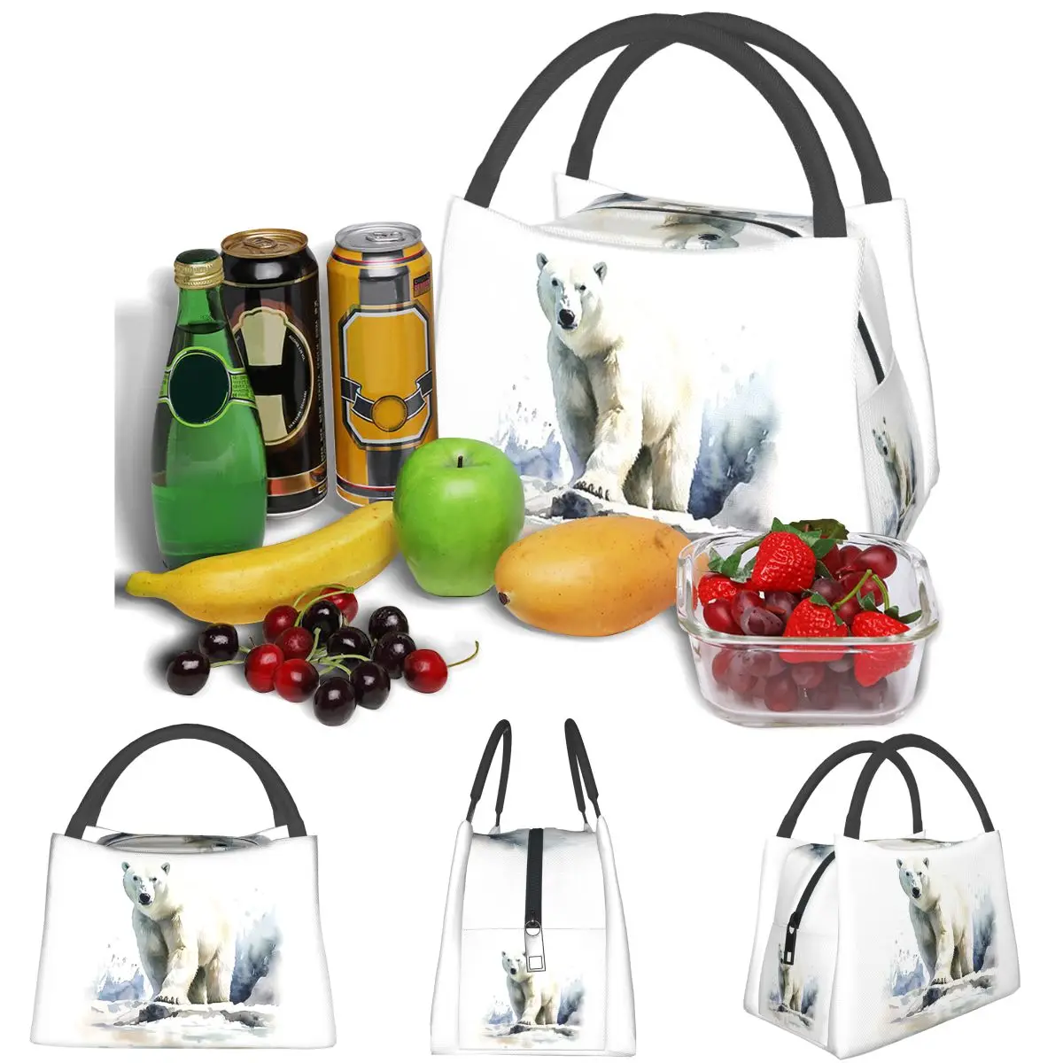 Watercolor Standing In The Snow Polar Bear Lightweight Handheld Insulated Lunch Bag Large Capacity for Adults Students Travel