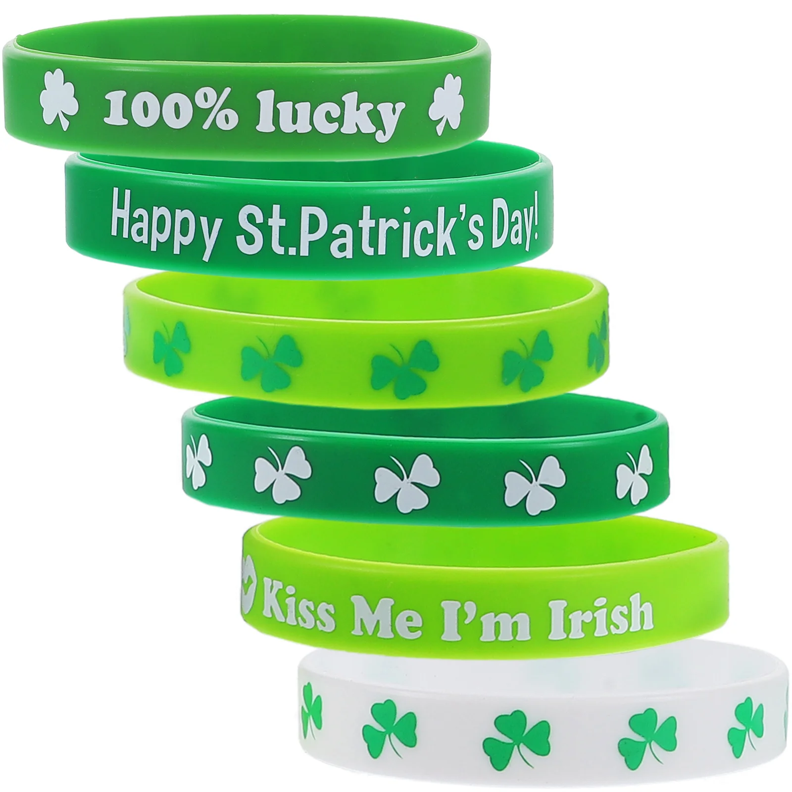 กำไลข้อมือซิลิโคนลายใบโคลเวอร์ 6 ชิ้น ธีมวันเซนต์แพทริก ทนทานต่อการซีดจาง เป็นมิตรกับผิวหนัง สร้างสรรค์สำหรับตกแต่งข้อมือในงานปาร์ตี้