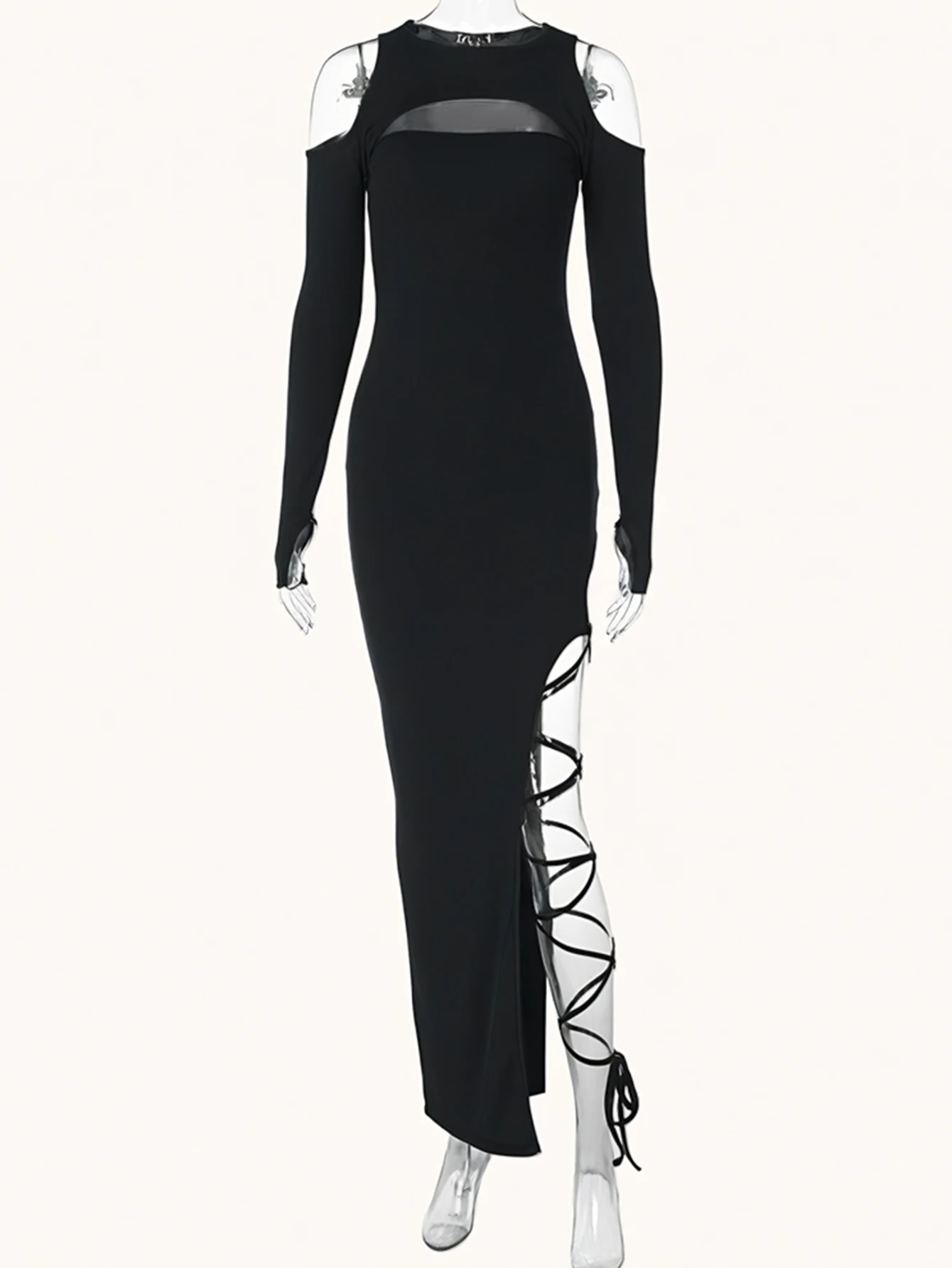 Schlankes langes Damenkleid, Herbstmode, sexy, schlichter Ausschnitt, lange Ärmel, Rundhalsausschnitt