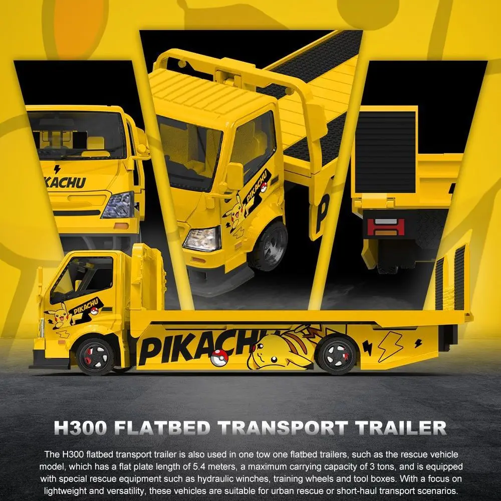 CC Diecast 1:64 H300 Flatbed Transport Trailer with Pikachu Paint Alloy Model Car, Collectible Display Toy Vehicle Gift for Boys
