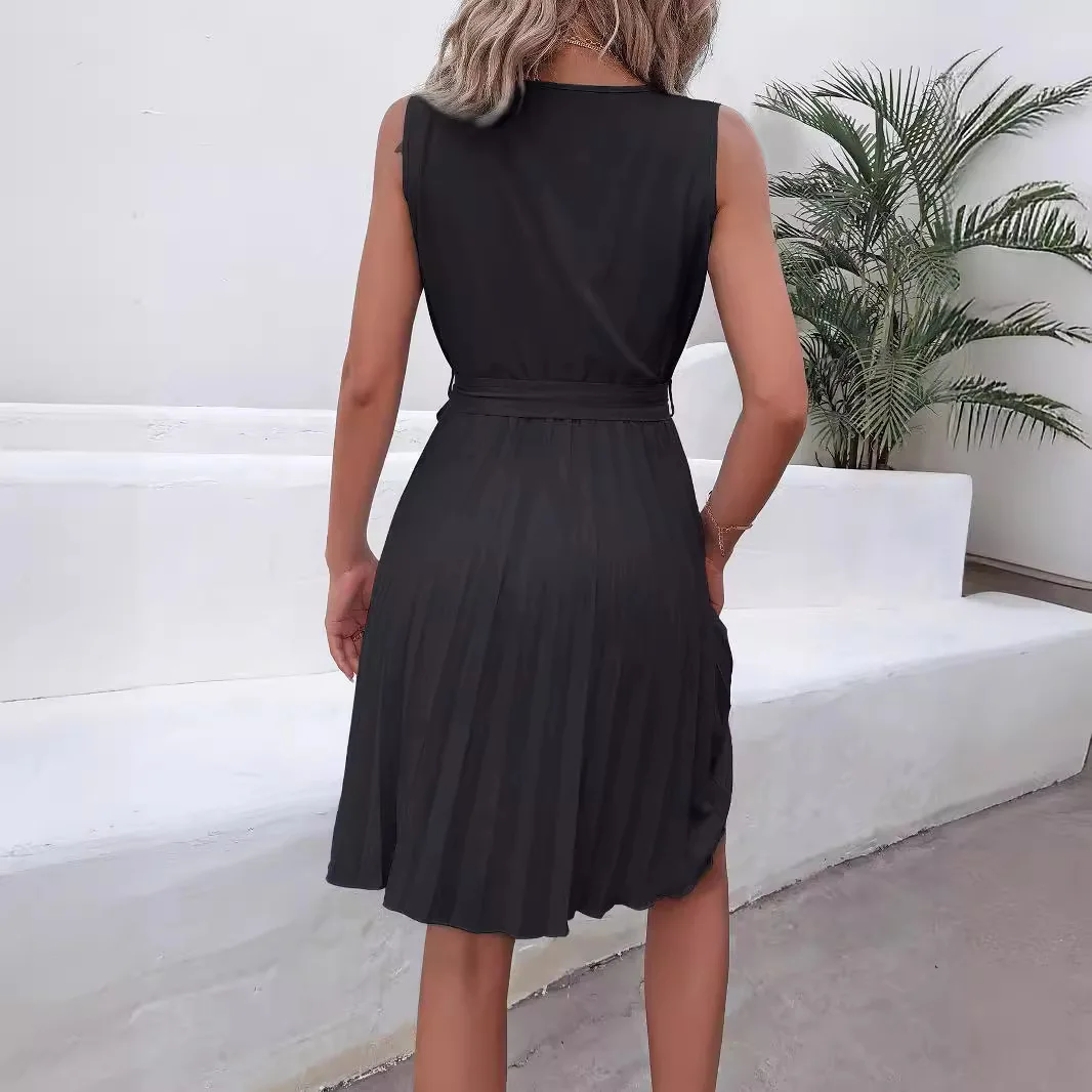 Mode Geplooide Elegante Lace-up Damesjurken Zomer Casual Mouwloos V-hals Cross-party Vrouwelijke Eendelige Korte Rok 2025