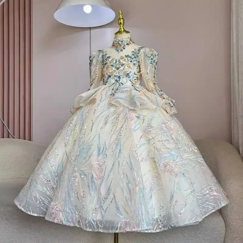 Children Catwalk Dress for Girl New Heavy Costumes Dress Girls Piano Solo Industry Fluffy Yarn Princess Performance Eid Clothes