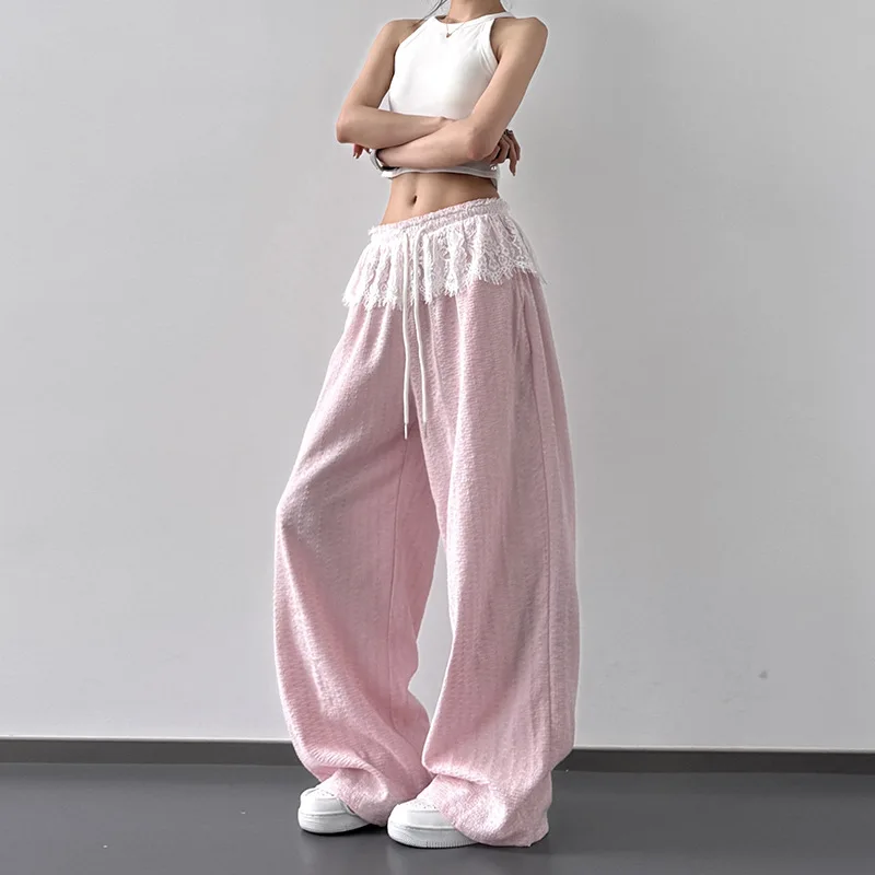 2025 春夏の新弾性ウエストスプライシングレースデザインワイドレッグカジュアルパンツ女性ショー長い脚