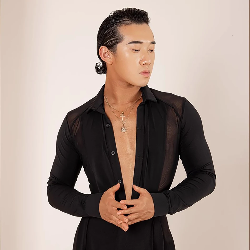 Long Sleeve and Button Design Tops Male Latin Dance Cloth for Men Ballroom Dance Samba Rumba Stage Performance Dancewear YD141