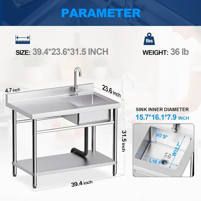 Utility Sink Freestanding Single Bowl Laundry Sink with Hot and Cold Water Plumbing Workbench Storage Stainless Steel Sink