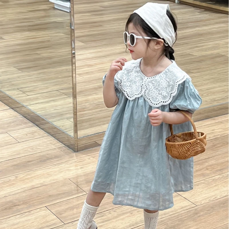 

Girls Casual Dresses Korean Childrens Clothing New 2024 Girls French Retro Style Flower Edge Collar Princess Round Collar