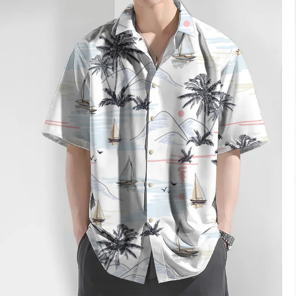 New Hawaiian Shirt For Men3d Coconut Tree Print Short Sleeved Tops Daily Casual Male Clothing Loose Oversized Shirts 2024