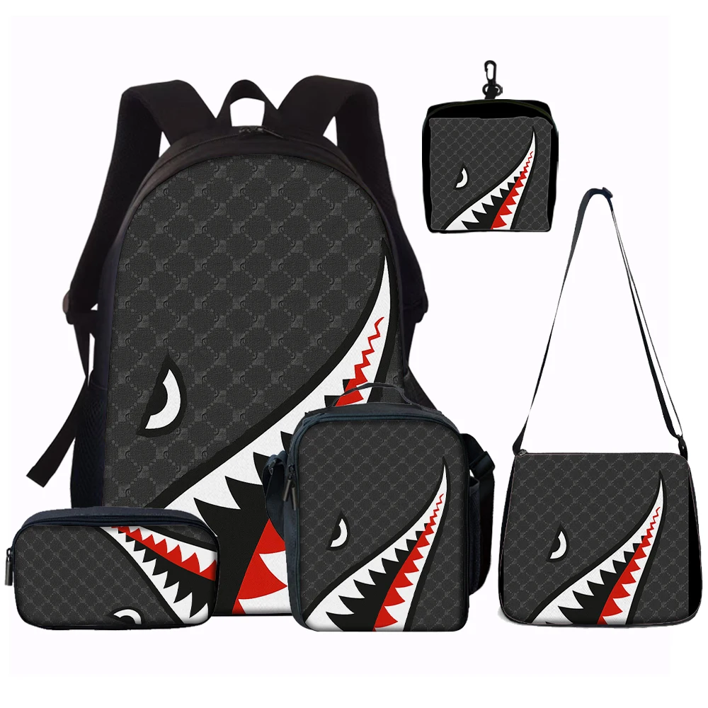 1/2/3/4/5PCS Trendy Shark Graphic Backpack Set | Perfect for School & Daily Adventures