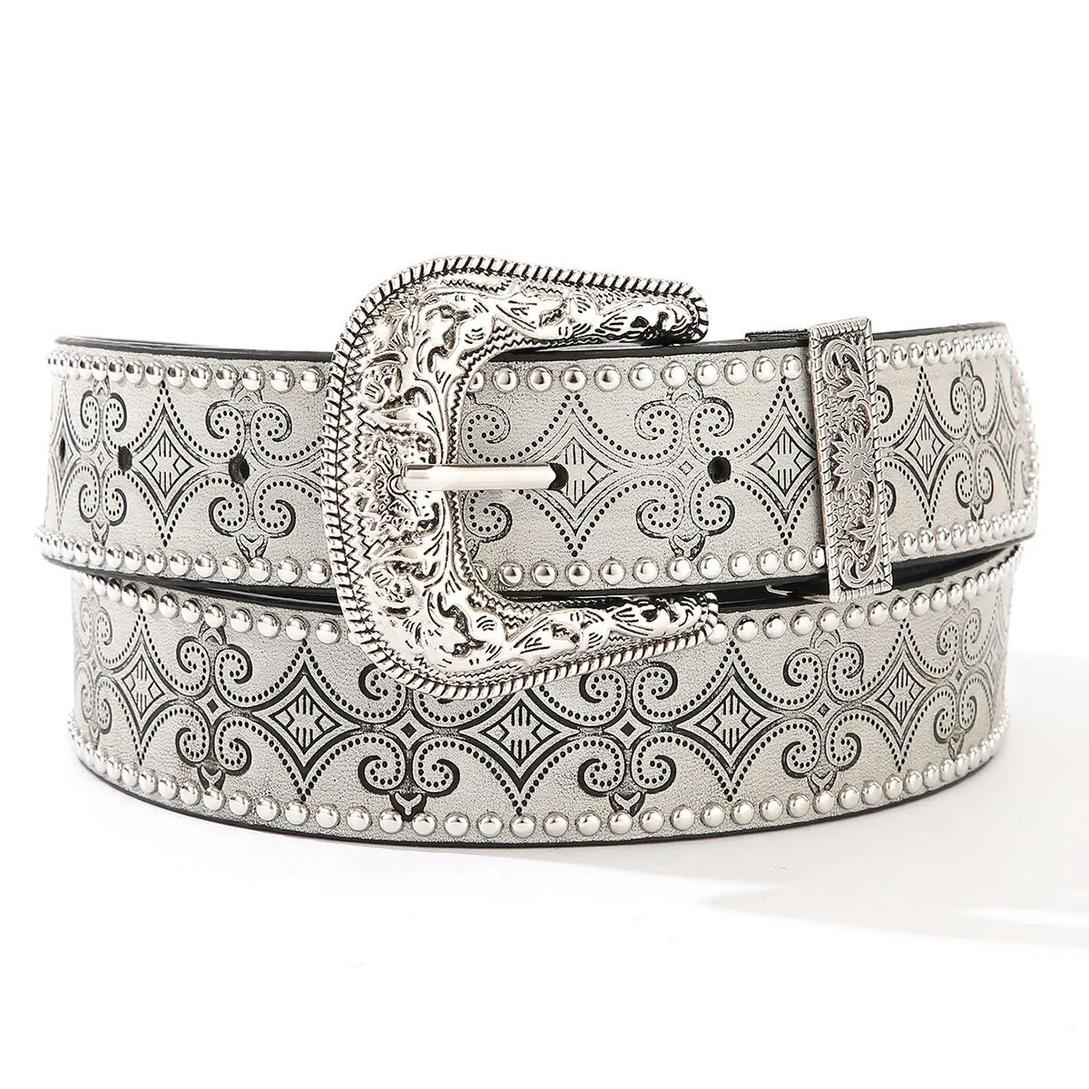 Silver Vintage Belt with Western Carved Metal Rivet Buckle Design