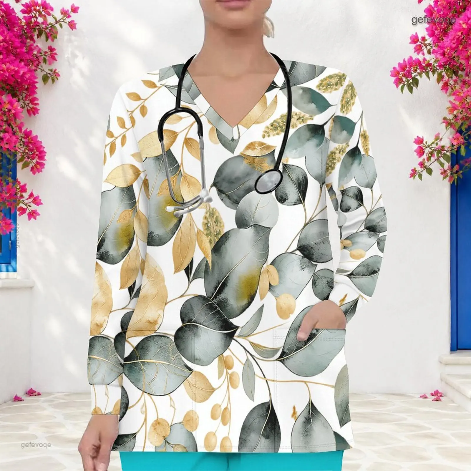 Women Printed Scrub Top V Neck Long Sleeve Front Pockets