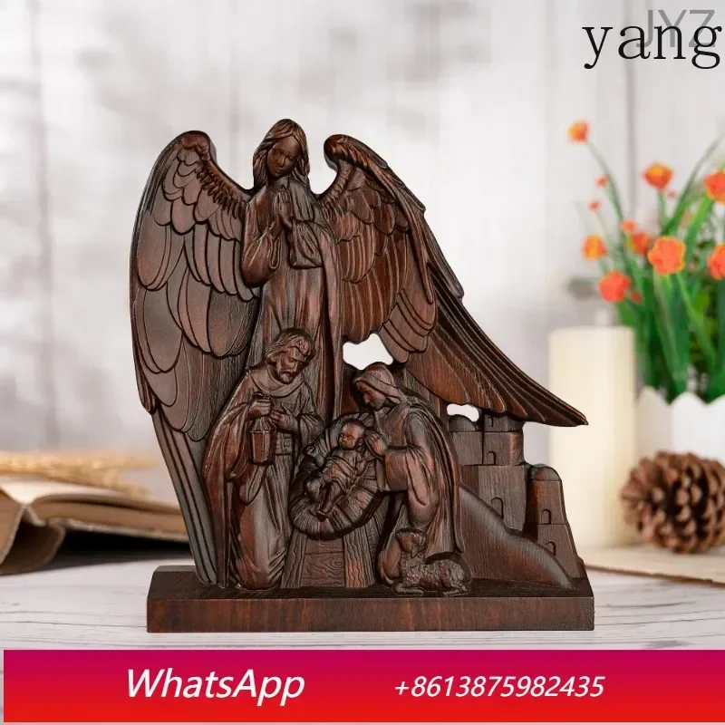 Wooden Holy Family with Guardian Angel Statue Ornament Catholic Religious Statue Home Decor
