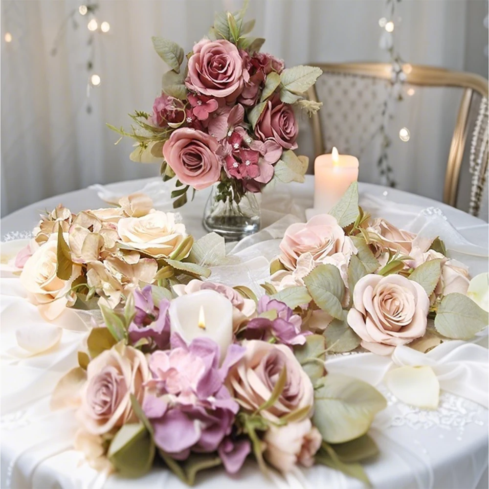 2PCS Mariage Chandelier Couronne Artificielle Rose Bougie Anneau De Table De Mariage Décoration De Soie Bougie Fête De Famille Décoration Mini
