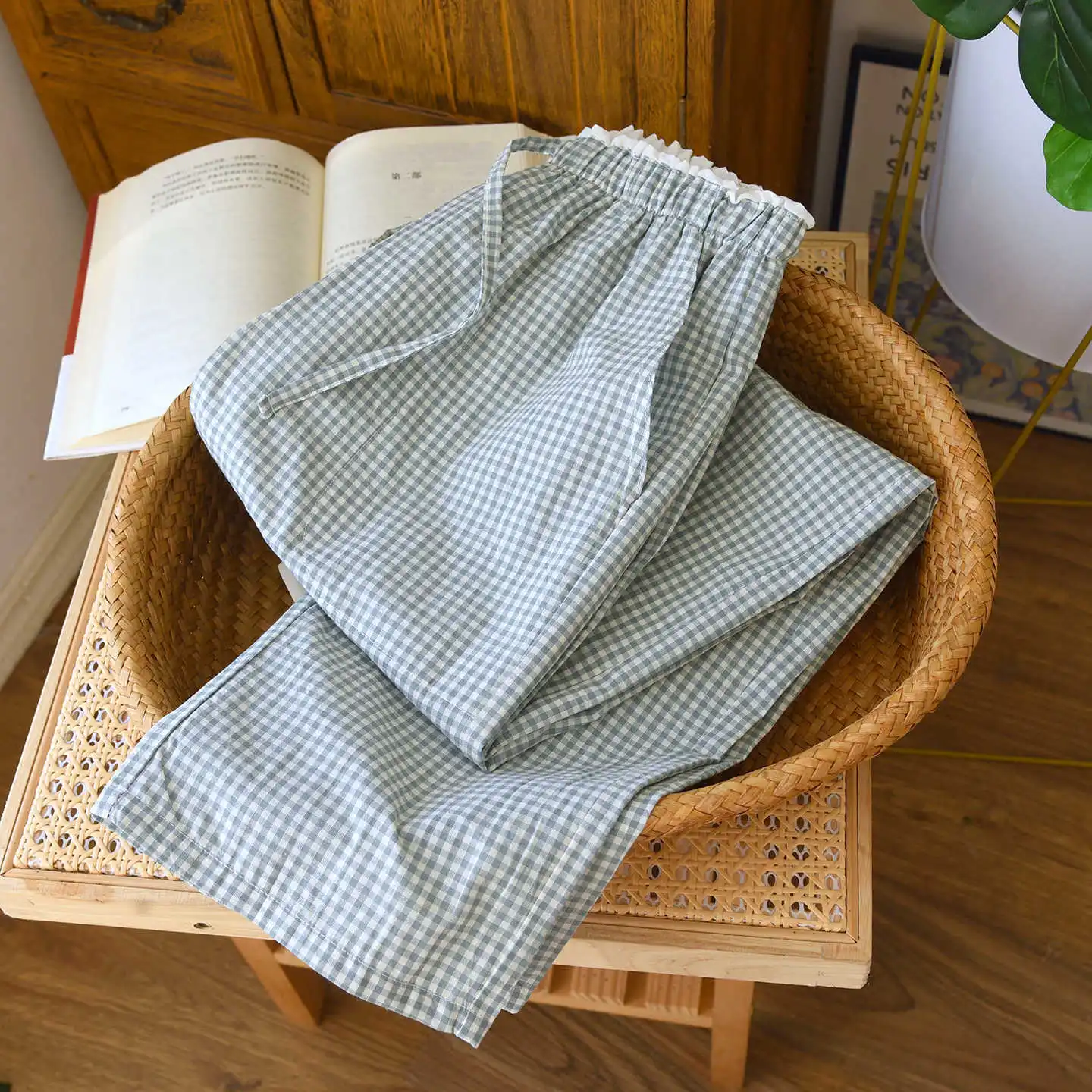 2026 New Spring And Autumn Women's Sleeper Pants 100% Cotton Lace Plaid Loose Casual Wide Leg Pants Home