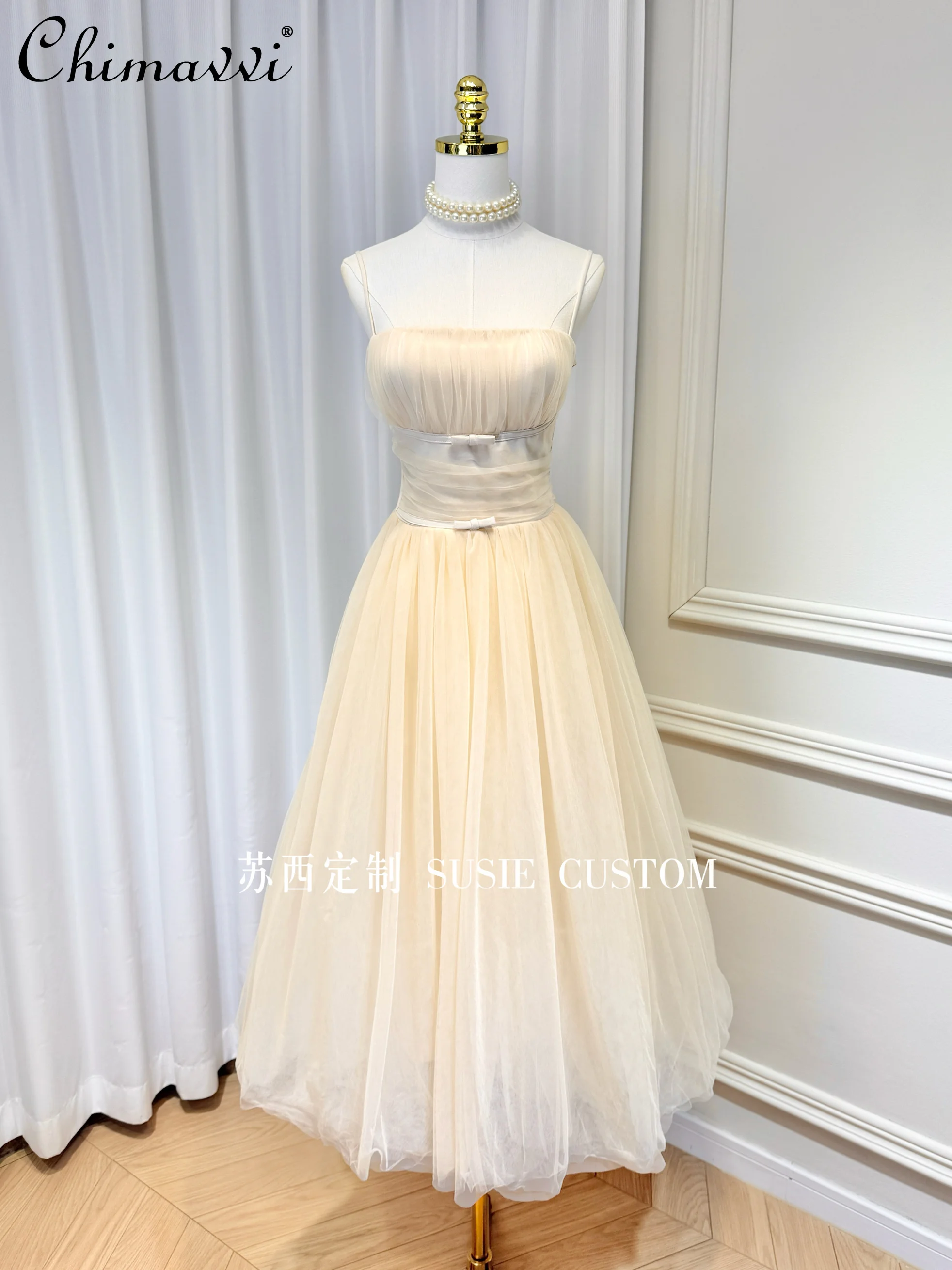 

High-end French Princess Dress with Chest Pad Bow Strap Dress Summer New High Waist Big Pendulum Mesh Elegant Tutu Dresses