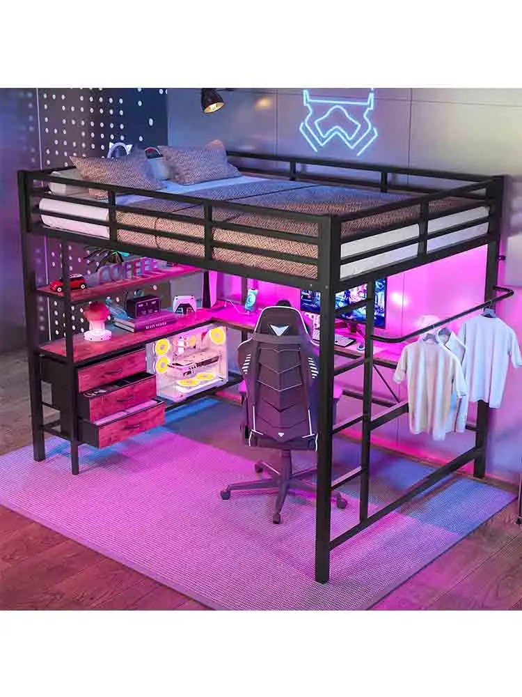 KOMHTOM 140×200 cm Hochbett mit LED-Beleuchtung, Schreibtisch, USB-Ladestation, 3 Schubladen, Regalen und Treppe, ohne Matratze
