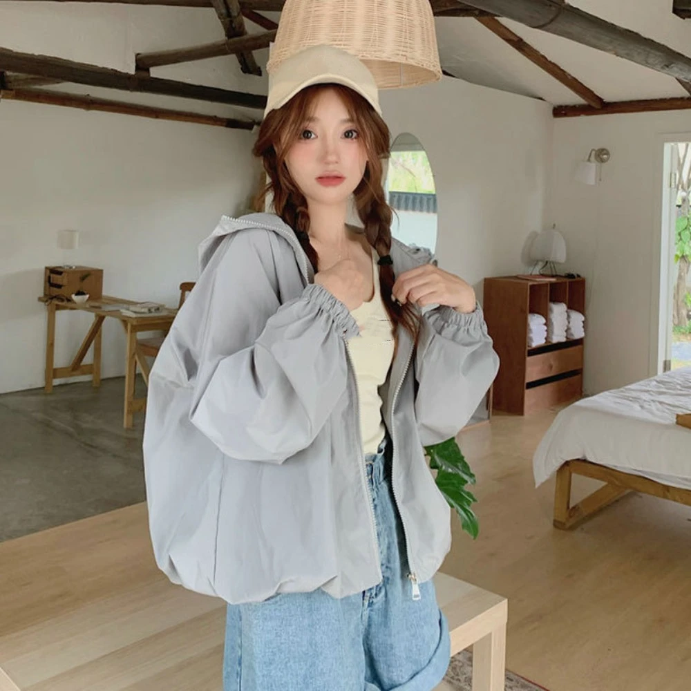 Breathable Loose Sunscreen Coat Women Quick-Drying Solid Color Sun-Protective Tops Clothing Windproof Hooded Jacket Female