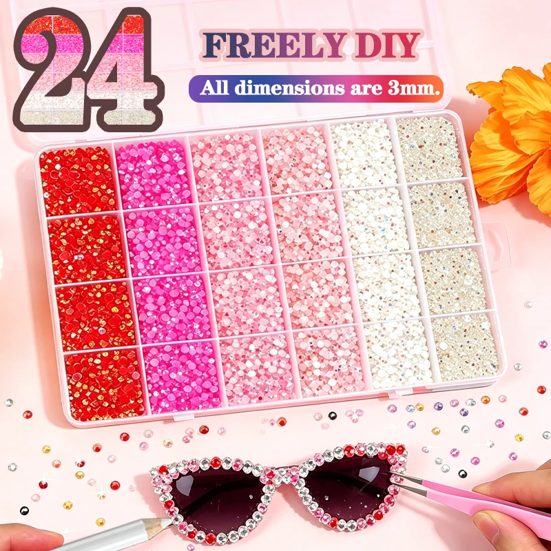 24 40 Grid Pink Red AB Jelly Mixed Resin Flatback Bedazzling Kit Bedazzled Rhinestone Kit Rhinestones Art DIY Clothing, Glasses
