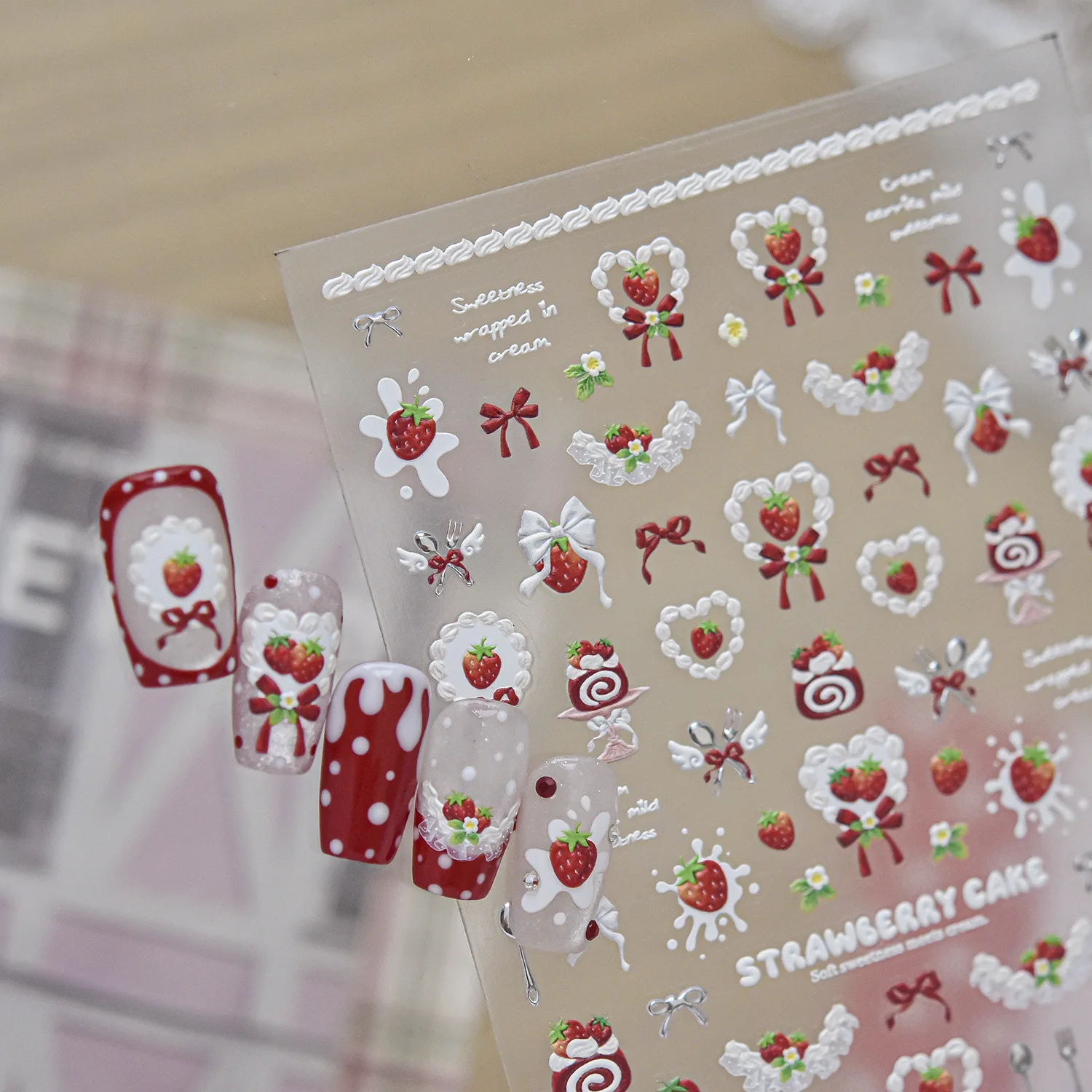 Strawberry Cake Lace Bow 5D Nail Stickers Lolita Cream Lace Dessert Knife Fork Sweet Nail Decals Manicure Nail Art Supplies DIY