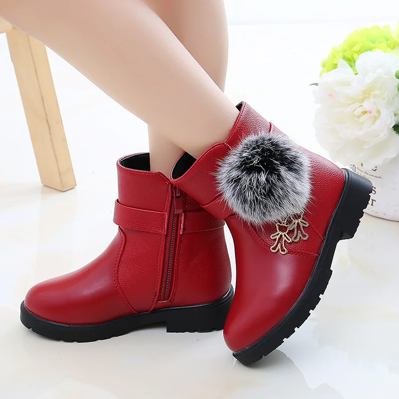 New Winter Girls Boots Real Fur Ball PU Leather Kids Snow Boots Warm Plush Sneakers Children Shoes