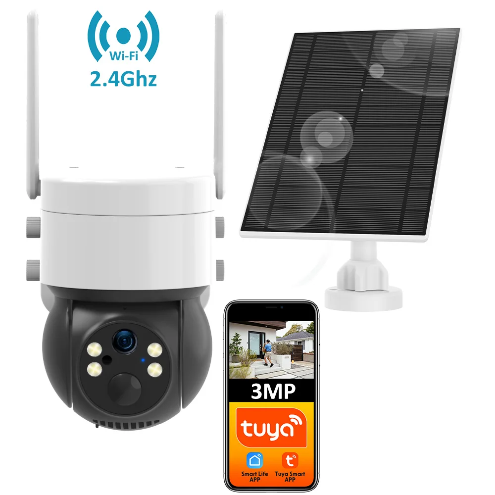 Tuya Smart Life APP 3MP WiFi Battery Solar Auto Motion Tracking PIR Surveillance Security Outdoor PTZ Color Night Vision Camera