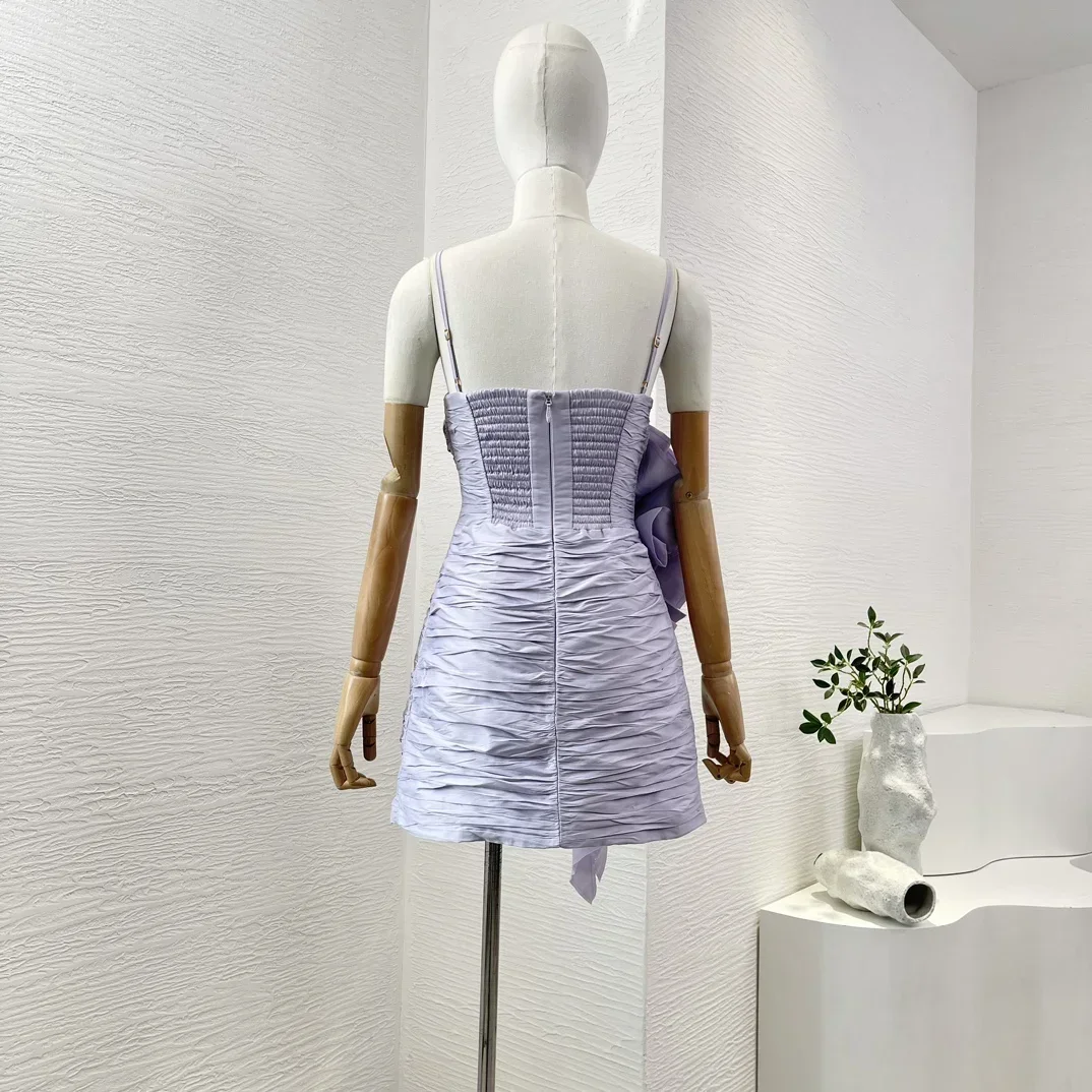 Top Quality 2025 New Arrivals Elegant Woman Sling Mini Dress Violet Purple Backless Flowers Appliqued Folds Summer Dresses