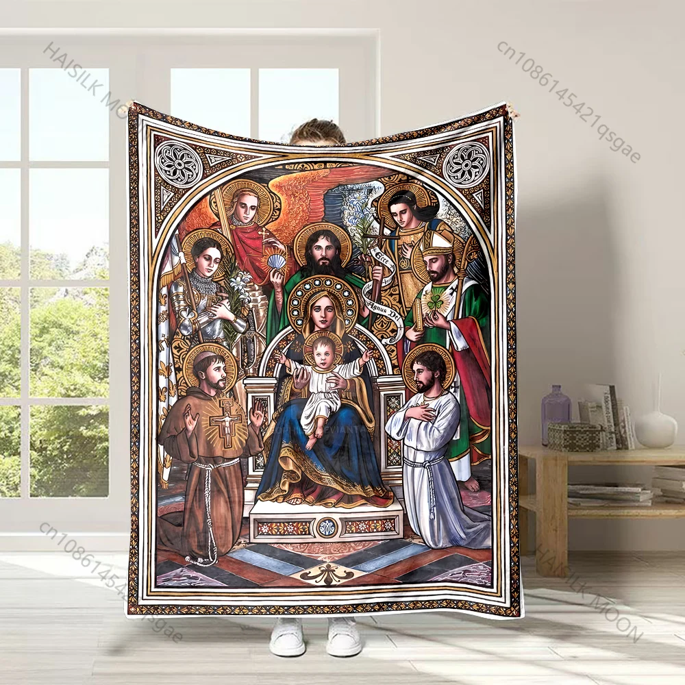Religious mural Virgin and saints Faith-printed Flannel Blanket Soft and Warm Suitable for Home Travel Picnics Camping and RV