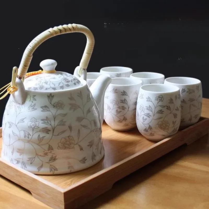 Jingdezhen Ceramic Tea Set with Bamboo Tray Modern Simple Teapot and Cups Complete Household Kung Fu Tea Service Large Beam