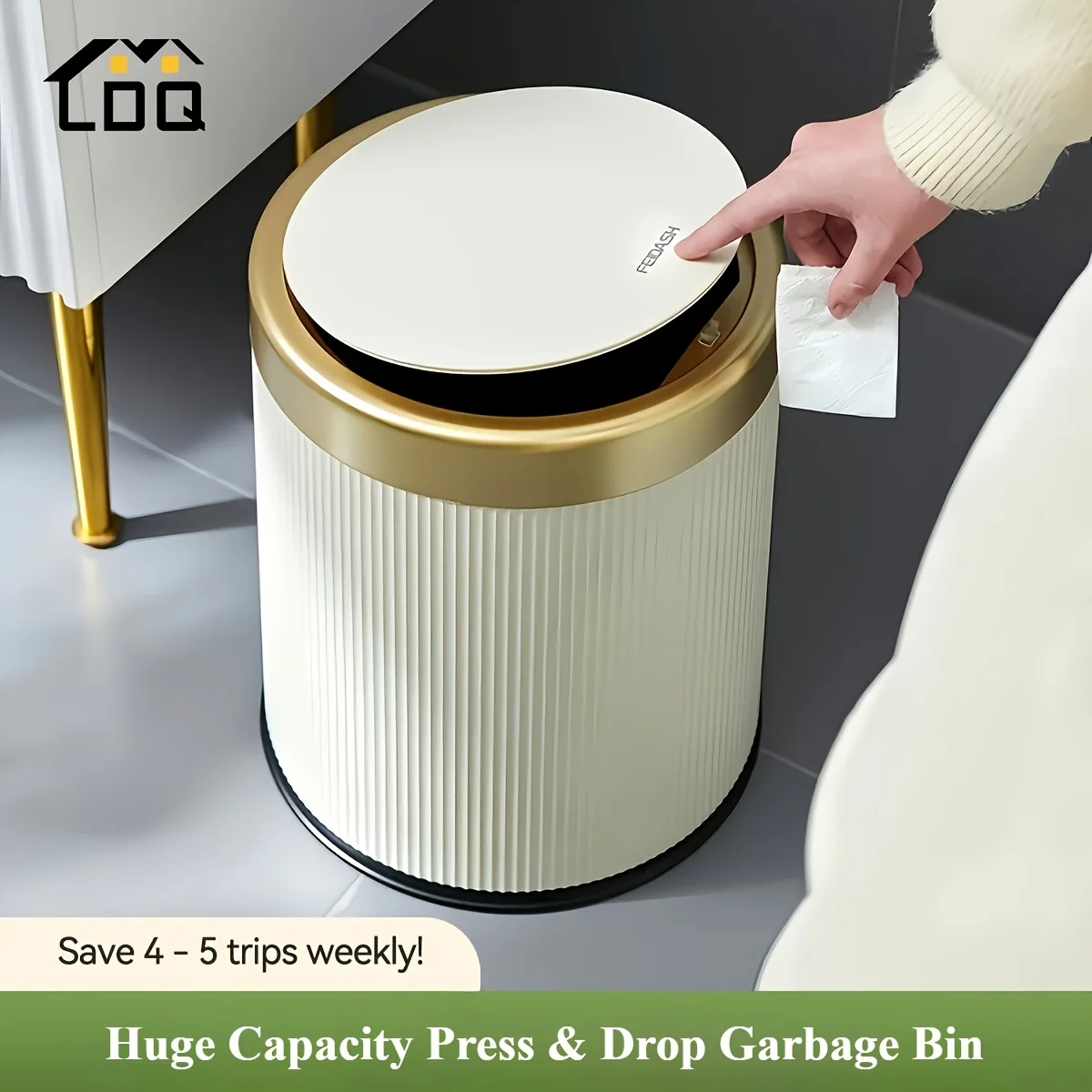 

Luxury Oval Press Trash Can, Dual Inner Buckets, Odor-Sealing, Large Capacity for Home & Bathroom.
