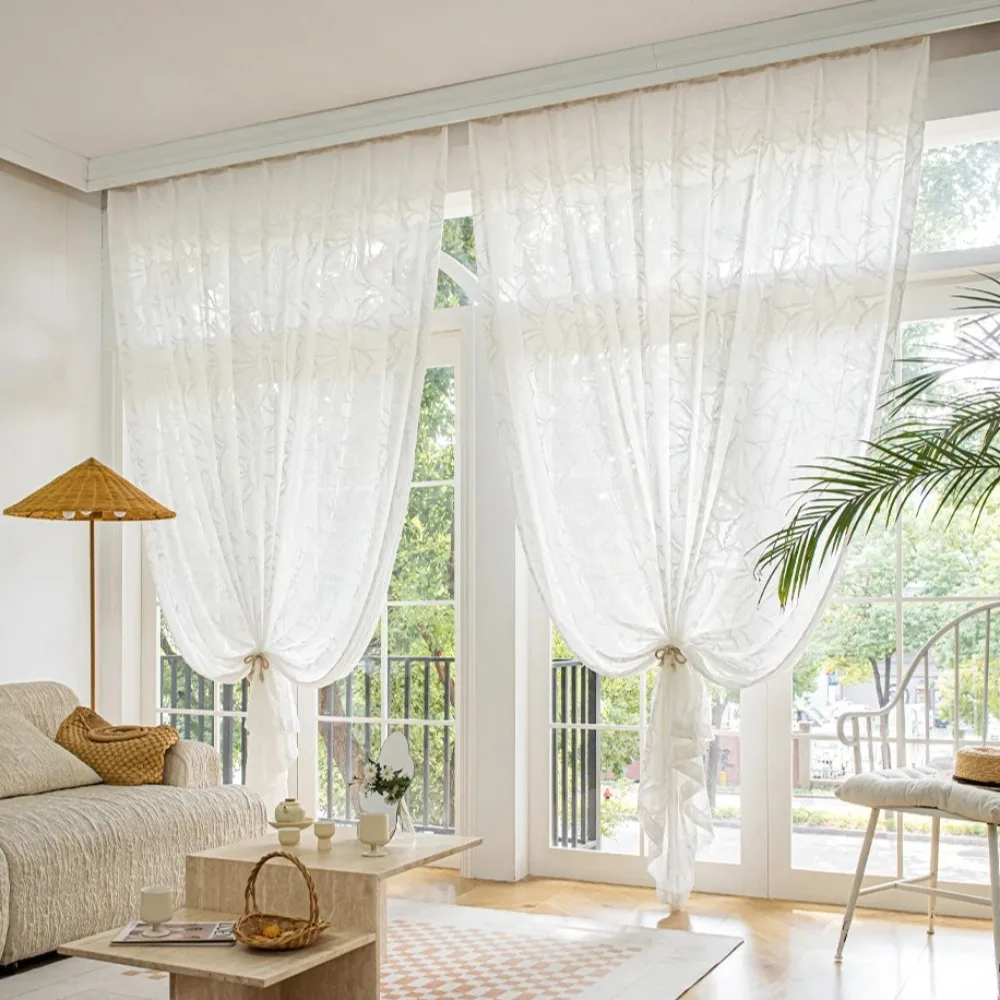Cortinas transparentes blancas con hojas estampadas para decoración de dormitorio de niñas, cortina para sala de estar Rideau Voilage, Gardinen listo para usar, personalizado