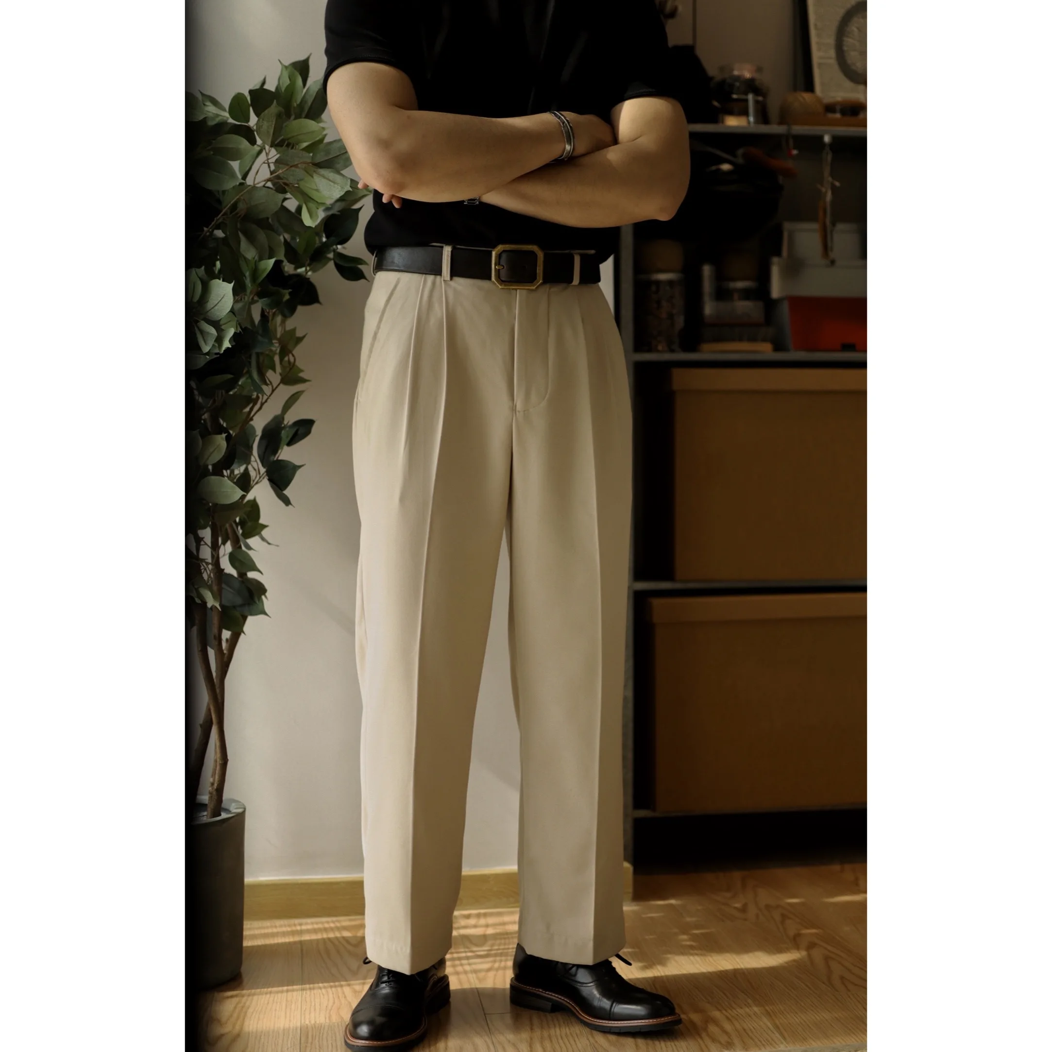 Men's Vintage Pants High-Waisted Loose Straight Wide Side Pocket Suit Trousers Casual Smart Business Classic Elegant Slacks