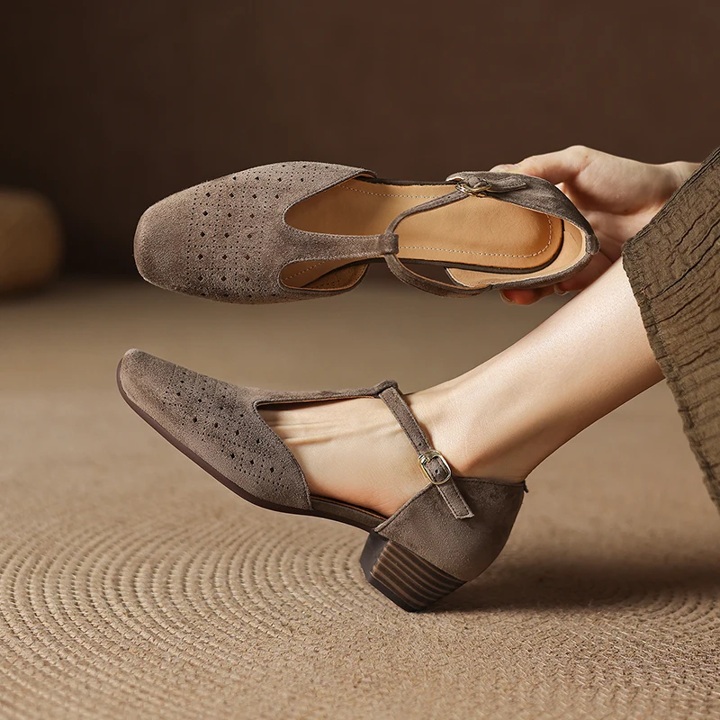 2026 new summer women sandals natural leather 22-25cm kid suede+cowhide+pigskin hollow-out ankle-buckle high heel women shoes f
