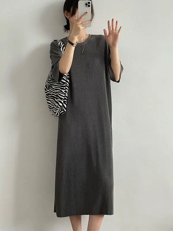 

Женское летнее прямое платье-труба больших размеров (до 136 кг), плиссированное, тонкое, в корейском стиле, для повседневной носки, свободного кроя, длинное