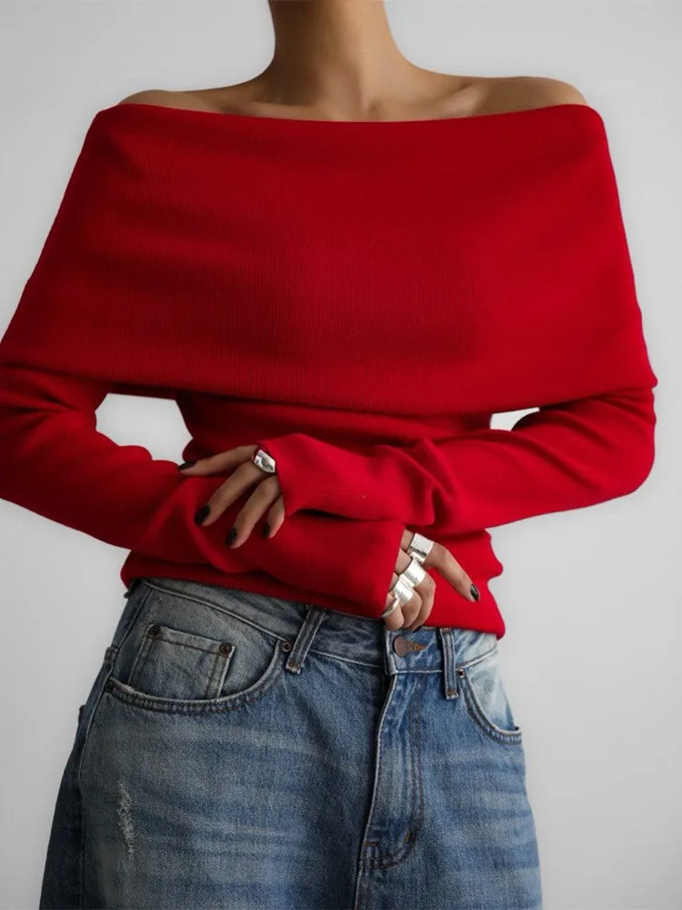 

Women's Solid Color Elegant Top Autumn Winter Long-sleeved Knitted Undershirt One-shoulder Sexy Slim Off-the-shoulder Sweater