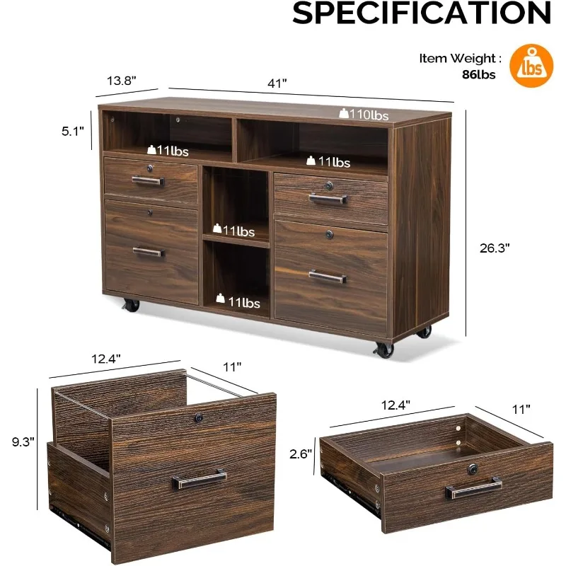 VINGLI Wide 4 Drawer File Cabinet with Lock, Wood Lateral File Cabinet with Open Shelves, Lockable Rolling File Cabinets